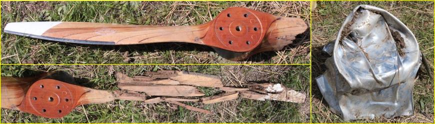 Figure 3: Broken two-bladed propeller blade and metal spinner, showing the reconstructed detached/shattered blade